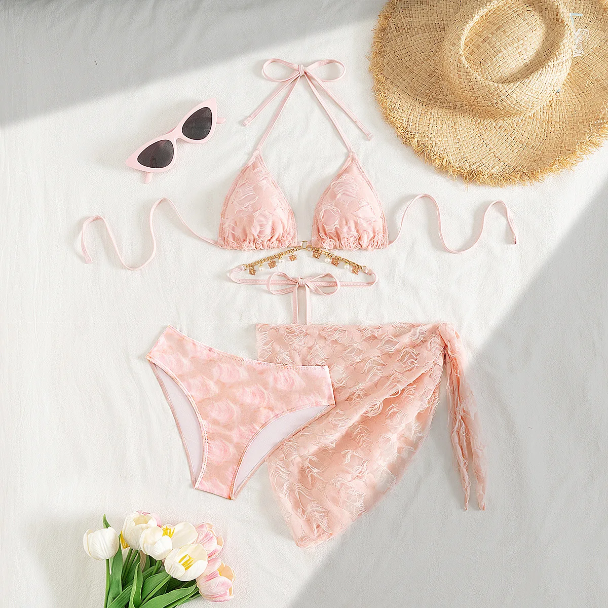 女性用 ピンク ビキニ セット 水着 包帯パッド入り カバーアップ 水着 水着 ブリンブリン ローウエスト ビーチウェア