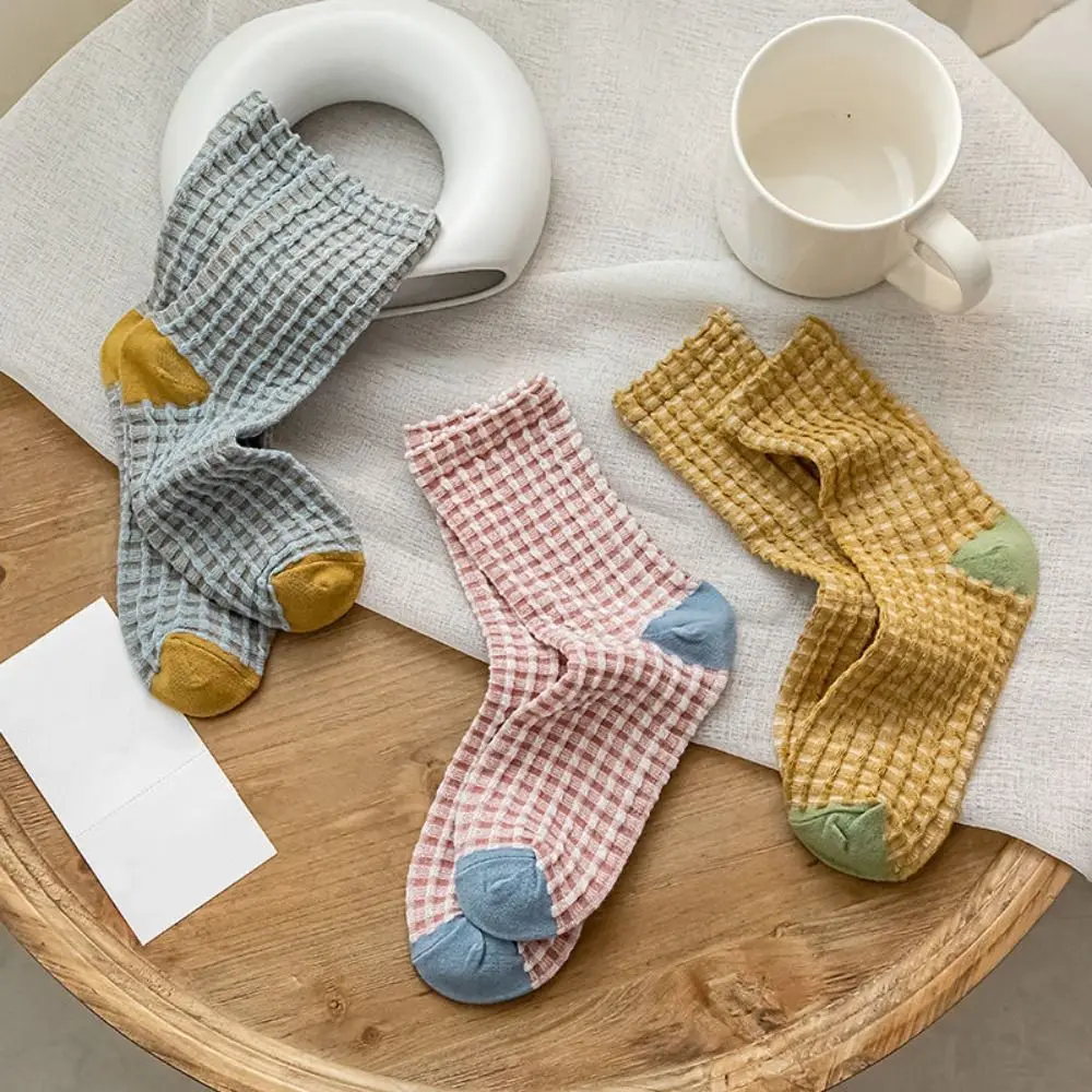 

5Pairs Harajuku Patchwork Checkered Cotton Socks Elastic Breathable Women Tube Sock Middle Tube Plaid Socks Grids Socks Women