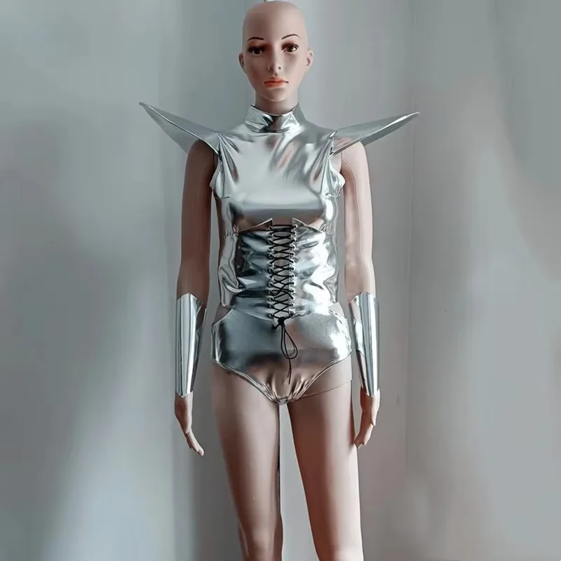 Moda argento laser spalla mosca body discoteca polsino bar gogo ballerino squadra performance festival costume cosplay con