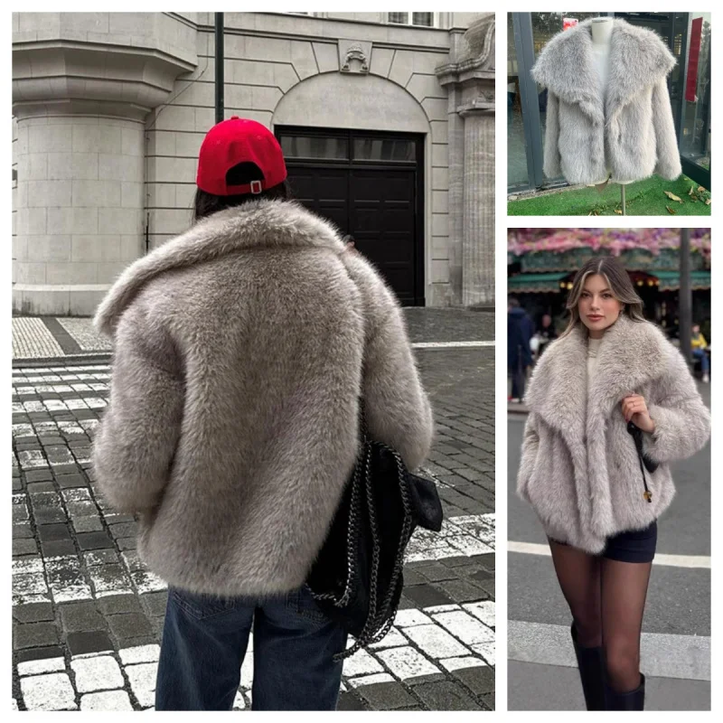 

Women's Solid Color Faux Fur Coat - Autumn Winter Lapel Collar Long Sleeve Outerwear, Chic Vegan Trench Style