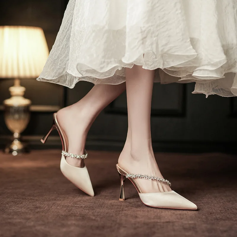 Women Pointed Toe Rhinestone Strap Pumps Slim High Heel Elegant Wedding Party Evening Formal Dress Shoes