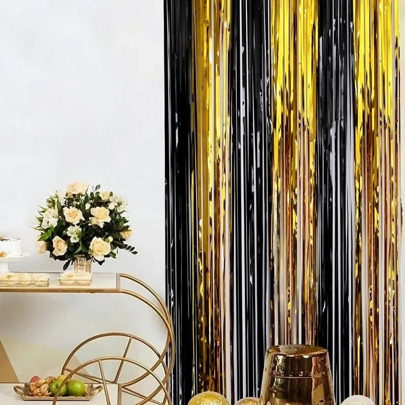 Black Gold Birthday Party Decorations Backdrop Curtains Glitter Tinsel Fringe Foil Curtain Background Wedding Adult Anniversary