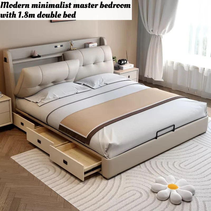 

Double 1.8m Beds Storage Headboard Upholstery Minimalist Drawers Beds Frames Multifunctional Muebles Para El Hogar Furniture