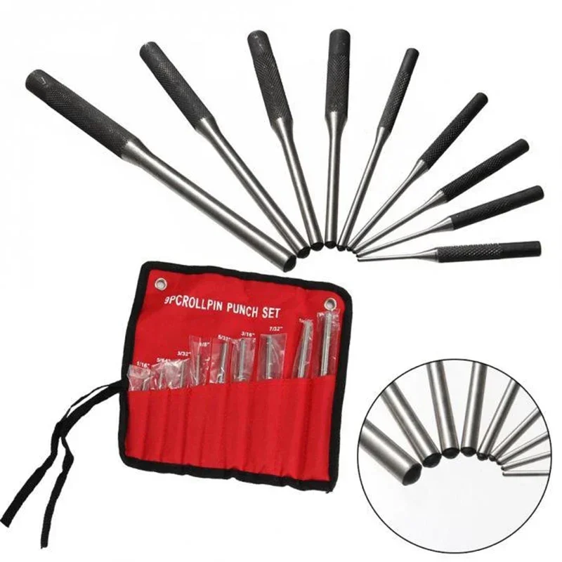 9Pcs Steel Multi Size Round Head Pins Punch Set Grip Roll Pins Punch Tool Kit Professional Hollow End Starter Punch Chisel Tools