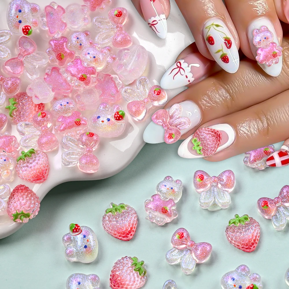 

50pcs/bag Ins White Rabbit Nail Parts Strawberry Blush Bunny Shinny Mixed Nail Art Charms Girl Lovely Bowknot 3D Nail Decoration
