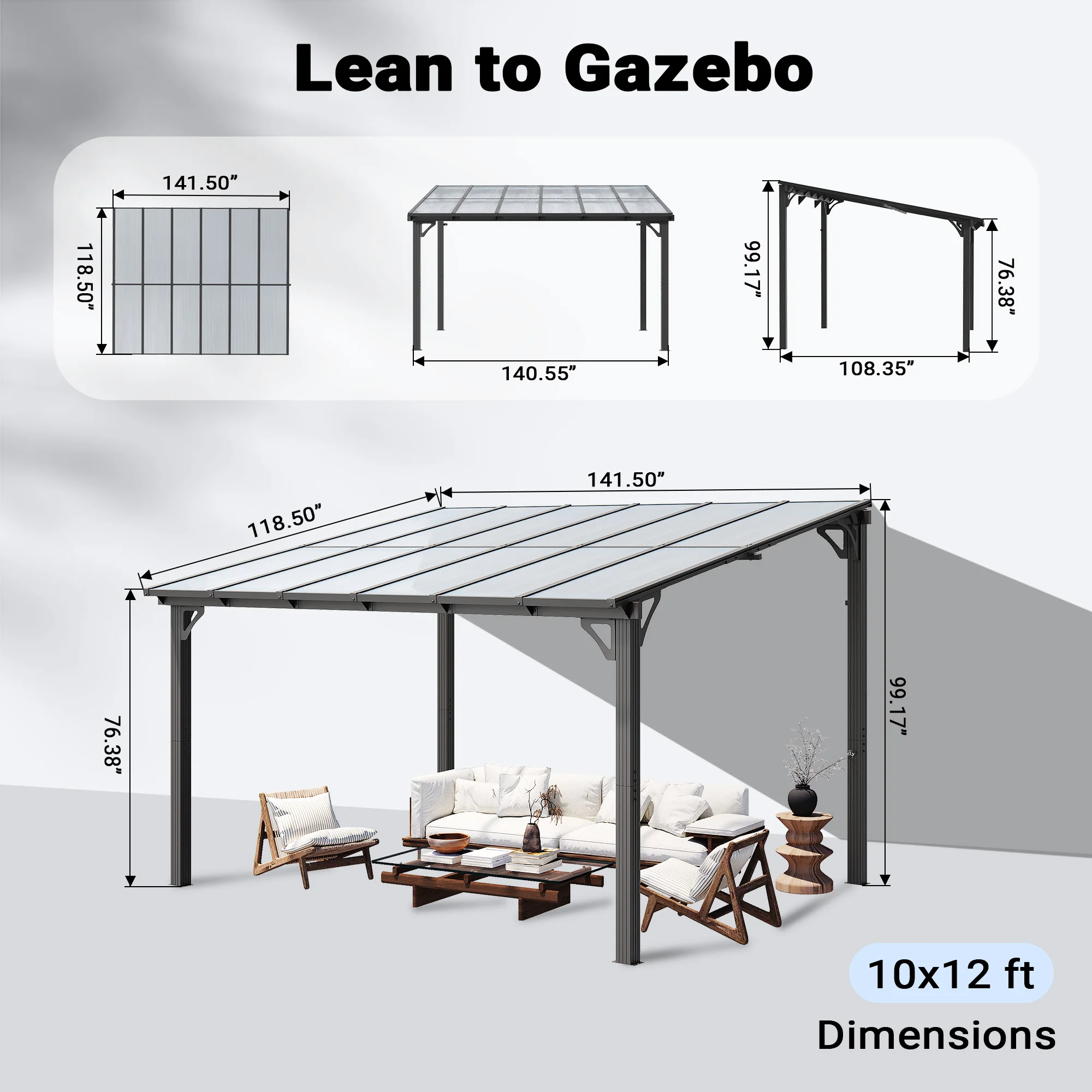 10x12FT Gazebo, Wall-Mounted Gazebo with Aluminum Frame & Polycarbonate Roof, Hardtop Pergola, Awnings for Patio, Backyard