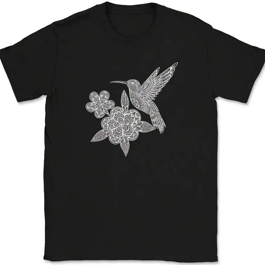 Hummingbird With Flowers Mandala Print T‑Shirt Nature Bird Casual Graphic Tee Nice Gift For Nature Lovers Summer Daily Tops