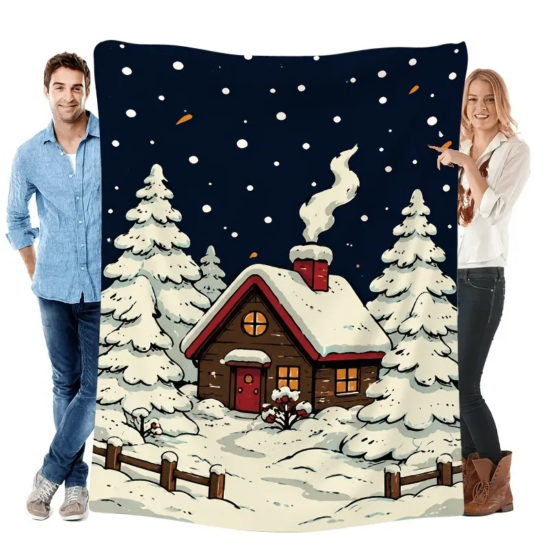 Cozy Christmas Snow House Pine Tree Print Blanket Cozy Sofa Couch Manta Soft Bed Decorative Blanket For Bedroom Living Room