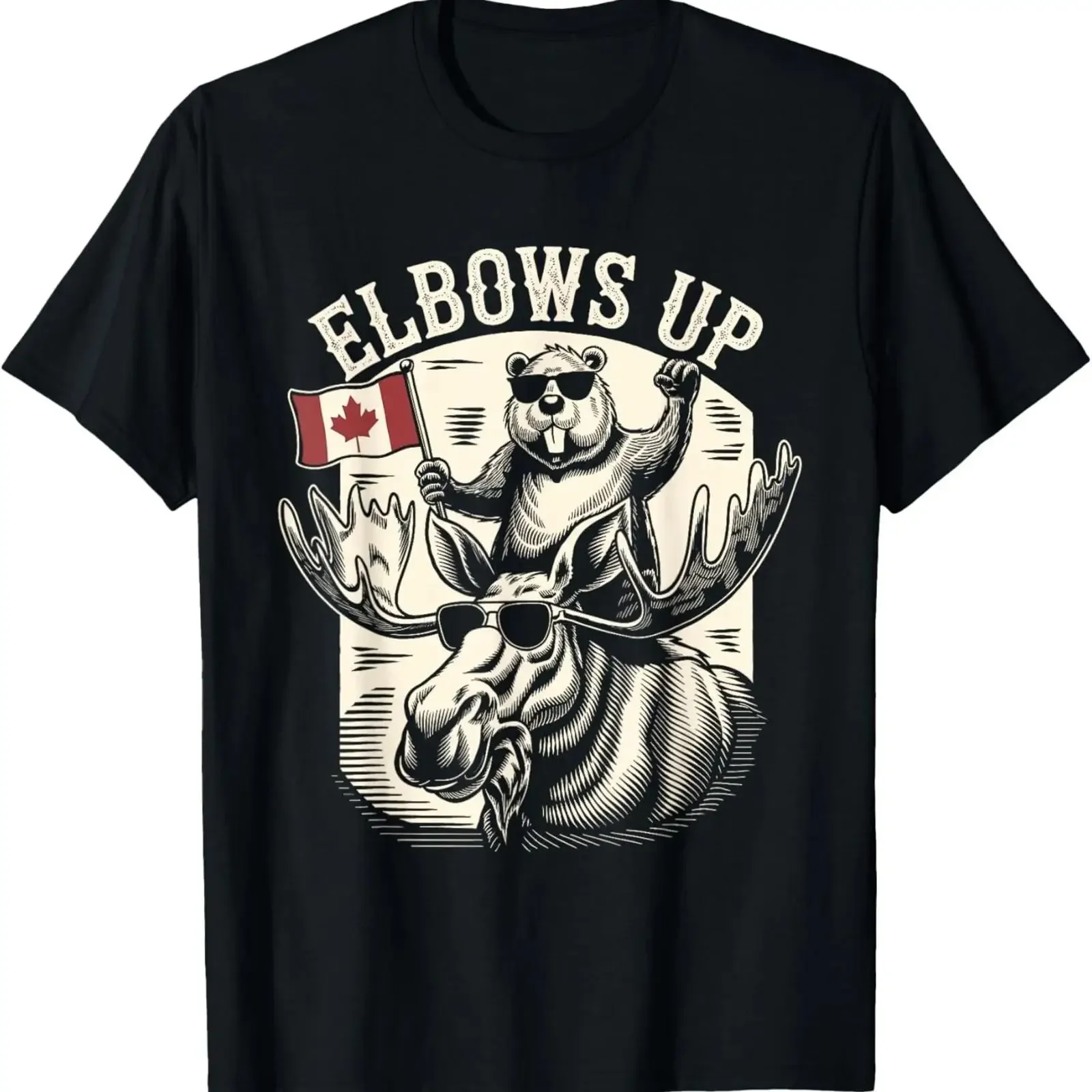 Elbows Up Funny Canada Beaver And Moose T Shirt unisex vintage Washed homme Stylish Casual graphic fashion Breathable Stretched