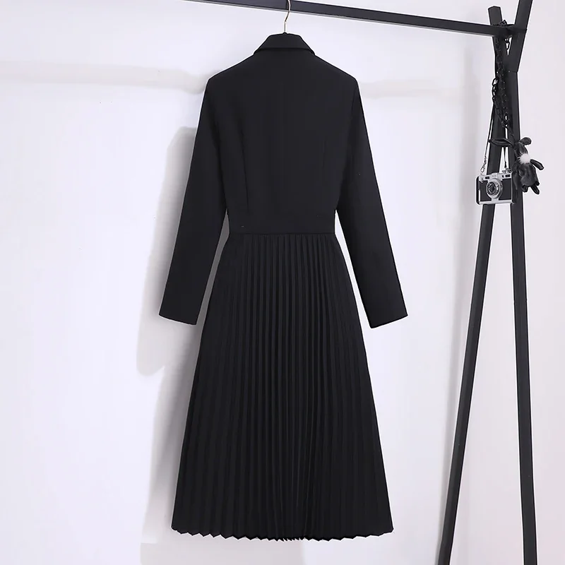 Autumn and Winter Work Office Business Black Dress Women's Suit Collar Waist Elegance Temperament Fake Two Pleated Skirts