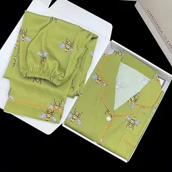 Women's Pajama Set Spring 2 Piece Bee Print Pyjama Pocket Faux Silk Satin Sleepwear Long Sleeve Pants Pijama Mujer Pjs Homewear