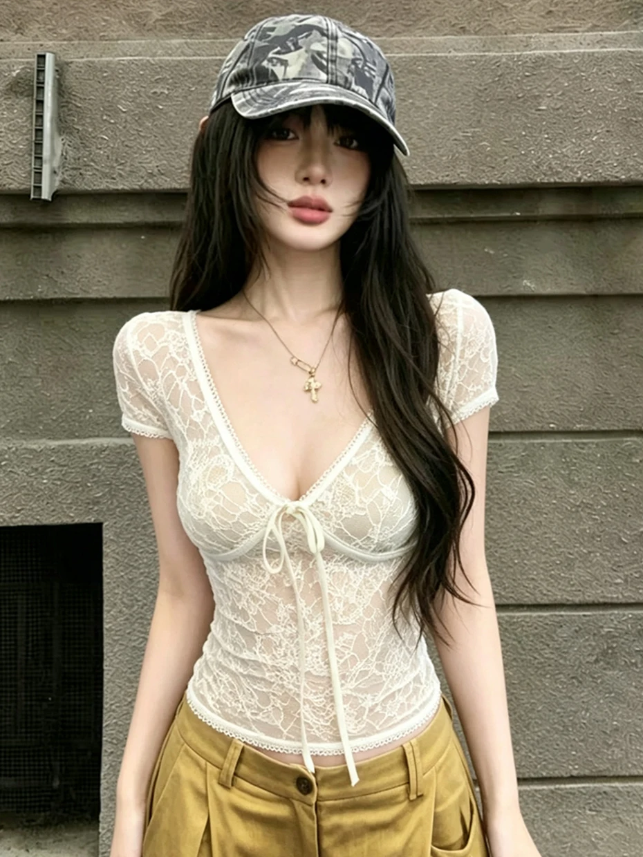

Spicy Lace Short Sleeve V-Neck T-Shirt Women Summer Knot Backless Slimming Sexy Short Style Korean Commute Fashion