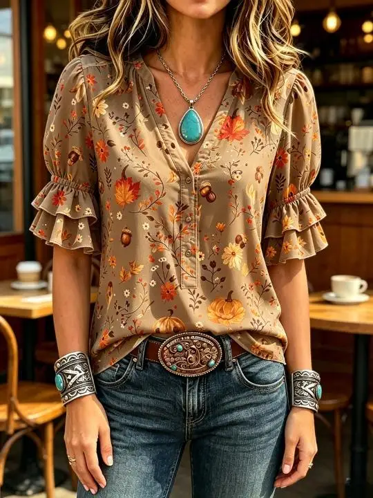 Halloween Women Western Boho Blouse,V‑Neck Ruffle Puff Short Sleeve,Multi‑Pattern Ghost Pumpkin Bunny Floral Print Loose Top 5