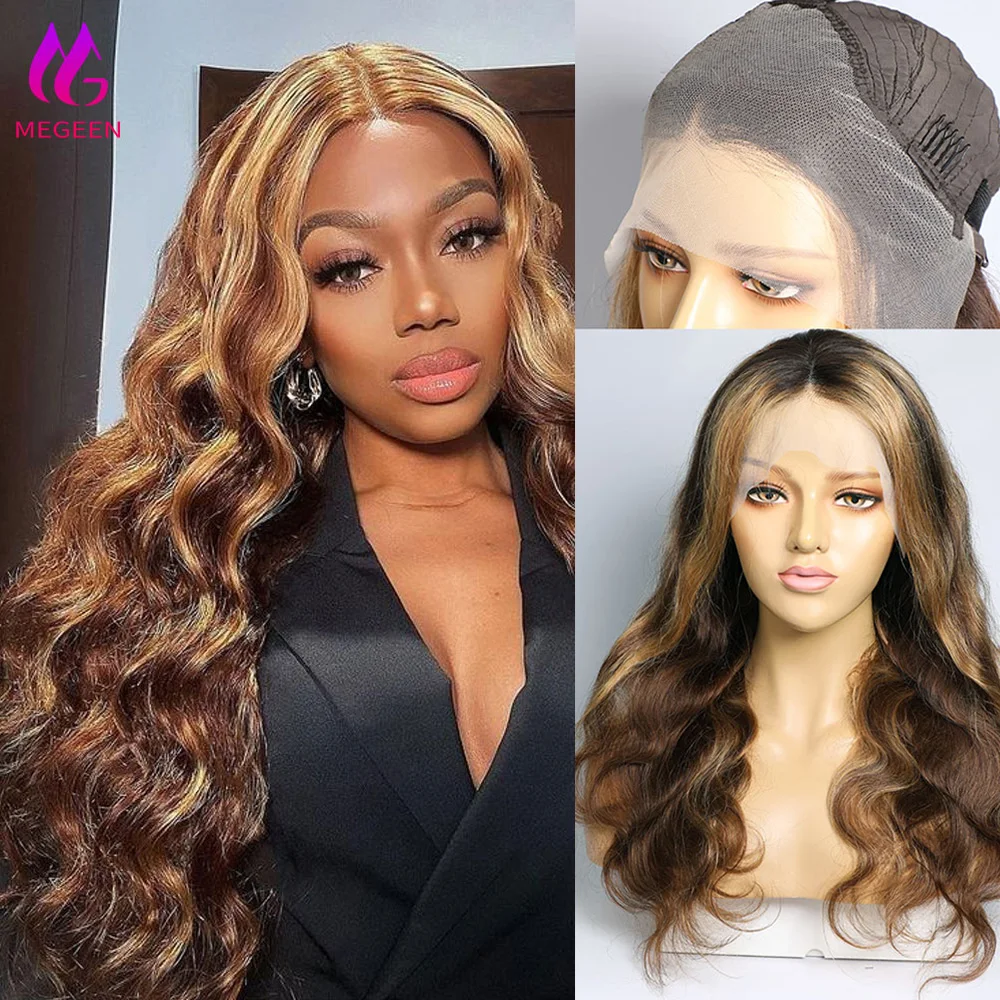 Megeen 13X4 Lace Front Wig P4/27 Highlight 13x4 Body Wave Transparent Lace Frontal Wig Human Hair Honey Blonde Ombre Colored Wig