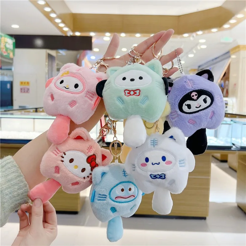 Sanrio Plush Doll Keychain Kawaii Anime Kuromi Hello Kitty Melody Cinnamoroll Backpack Pendant Cute Cartoon Bag Decoration Gifts