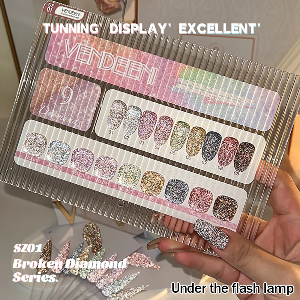 Vendeeni 9 Farben/Set Regenbogen Glitzer Gebrochener Diamant Gel Nagellack UV LED Aushärtbarer Gel-Lack Flash Nail Art Gel mit Display – Detail 14