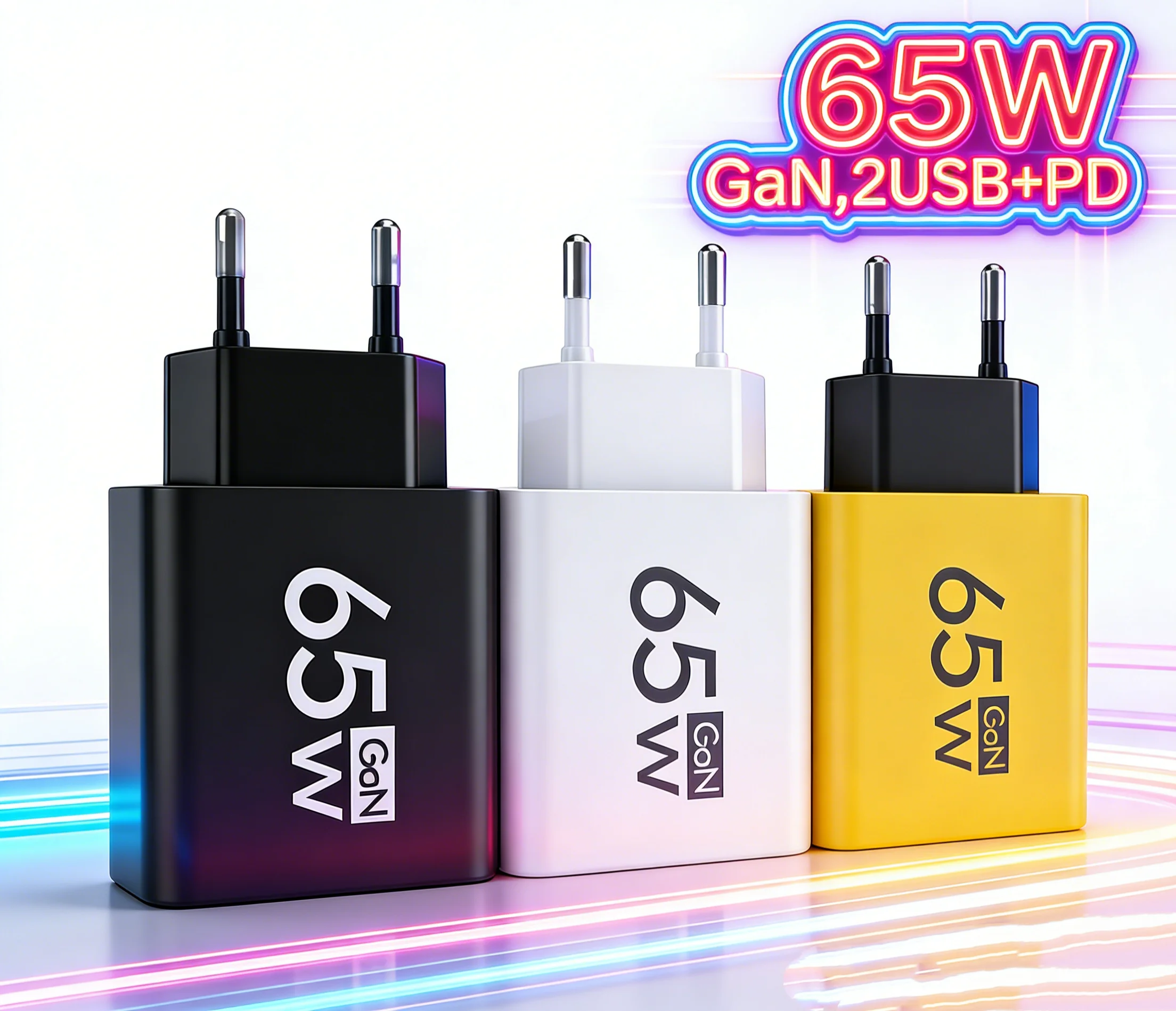 Cargador Rápido GaN de 65W, Cargador Rápido USB-C PD 3.0 para iPhone 15 14 Samsung Xiaomi 17 VIVO, Adaptador de Viaje Global para Celulares EU/US/KR
