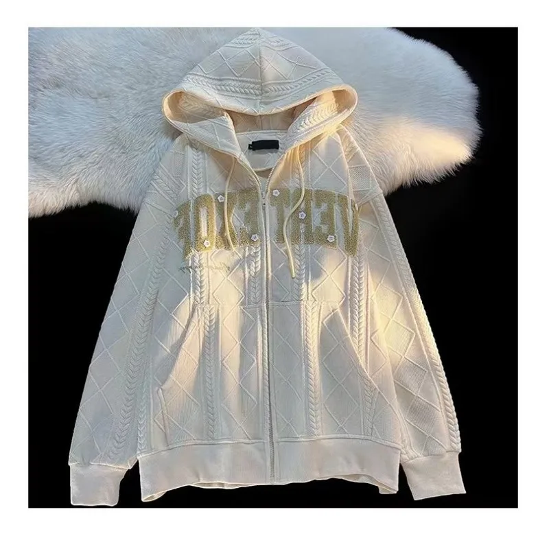 

American Retro Letter Embroidered Hooded Jacket for Women Loose Sweatshirt Cardigan College Style Top