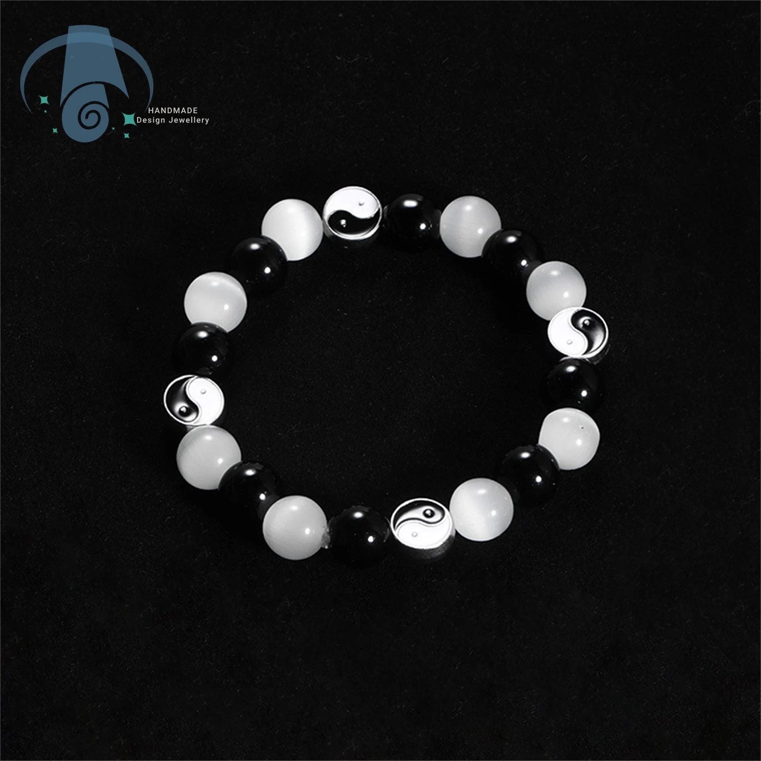 Natural black agate cat eye stone bead yin-yang tai chi bracelet natural stone Chinese style Bagua elastic rope bracelet