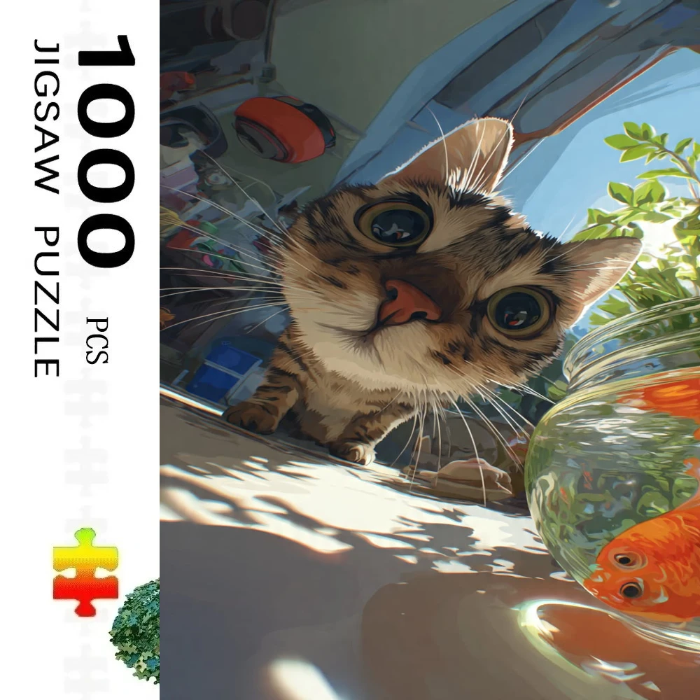 

500/1000 PCS Jigsaw Puzzle Cat and Fishbowl in Sunlit Room Diy for Adults Beginners , Gifts Home Decoration Games