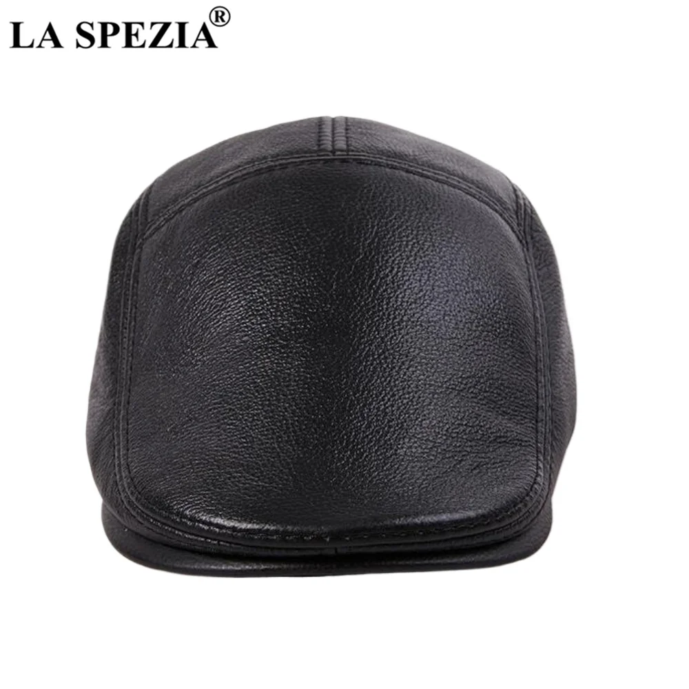 

LA SPEZIA Black Men Beret Real Leather Flat Cap Irish Newsboy Cowskin Genuine Leather Autumn Winter Warm Adjustable Ivy Male Hat