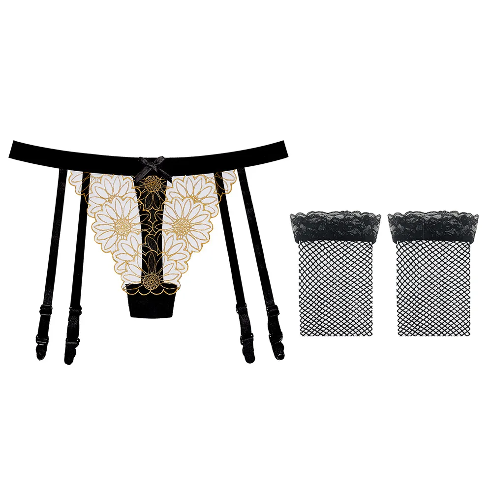 Women's Embroidered Daisy G-String Underwear with Suspender Sheer Mesh Thigh Stockings Sexy High Socks Lace Transparent Stocking