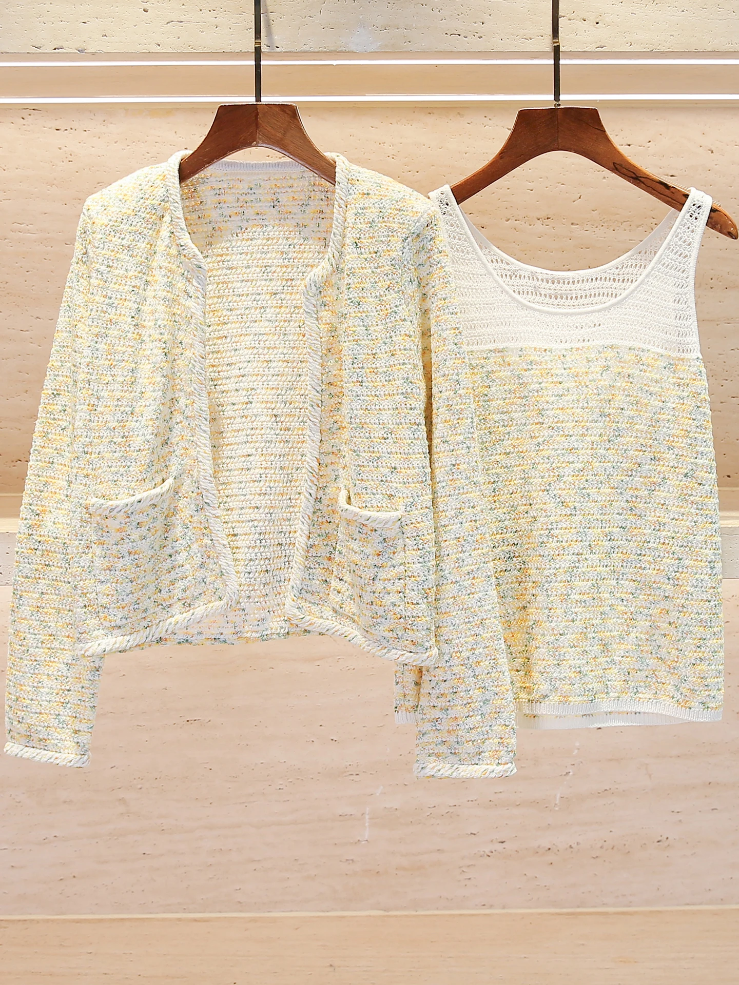 

High-End Knitted Open Cardigan Top And Tank Set for Women Spring Summer New Arrival Fashionable Ensemble Regular Fit Polyeste...