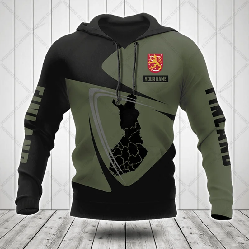 Customize Finland Map Graphic Olive Hoodies Shirts Loose Unisex Sweatshirts Casual Oversized Tops Pullover Outdoor Streetwear