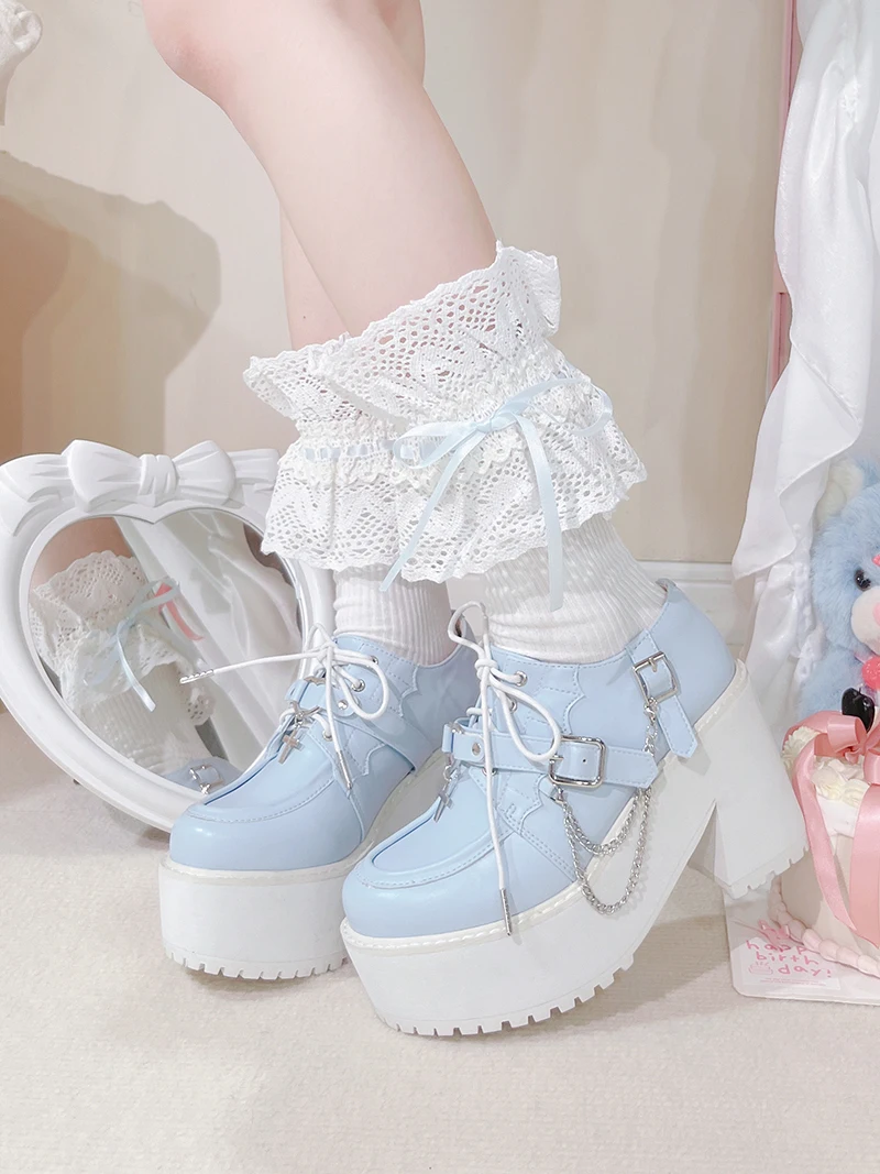 المناجم اليابانية نمط الإنتاج الضخم الشرير سميكة سوليد المتسكعون الدانتيل متابعة سلسلة أنيقة تنوعا لوليتا أحذية حذاء نسائي بكعب عالٍ مضخات #5