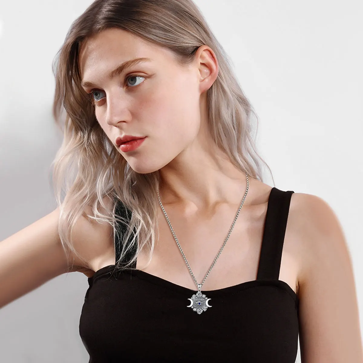 AEONSLOVE 925 Sterling Silver Triple Moon Goddess Necklace Vintage Evil Eye Rose Crescent Pendant Witch Pagan Jewelry for Women