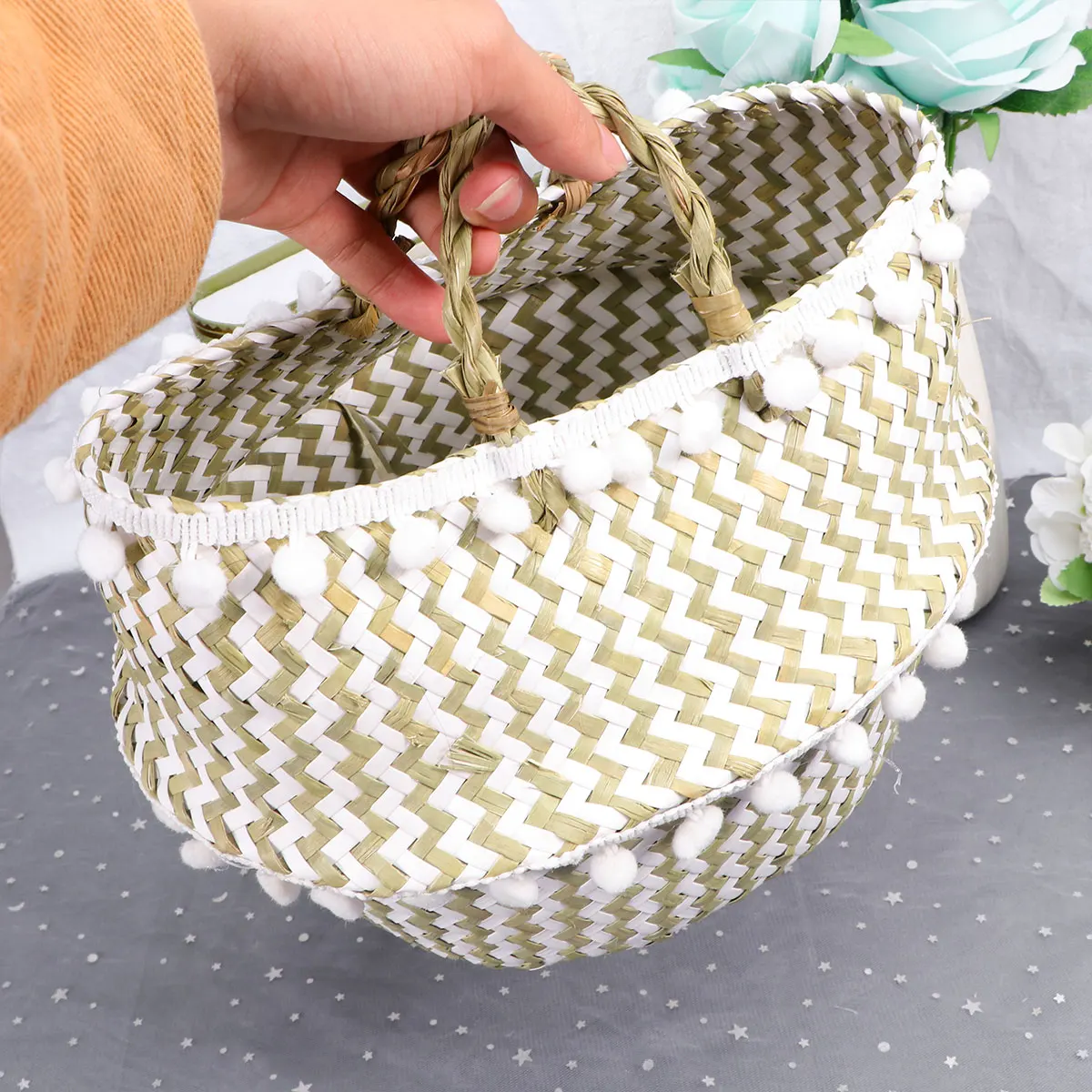 

Premium Storage Basket Wicker Grid Collapsible Baskets Decorative Double Baby Cloth Straw Organizers