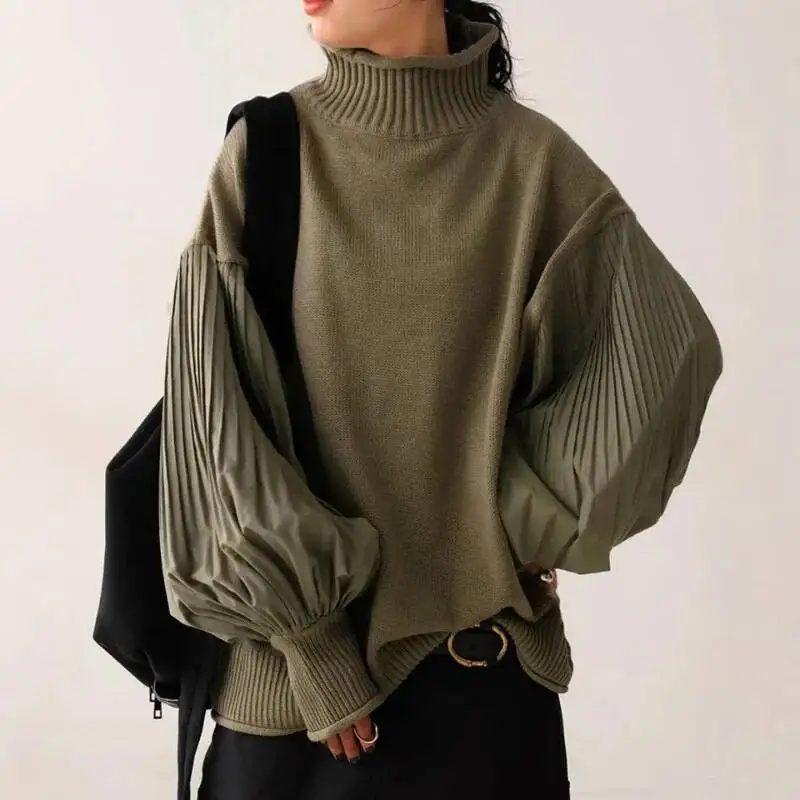

Elegant Turtleneck Patchwork Ruffled Sleeves Loose Casual Knit Sweater Coat Autumn And Winter Temperament Women's Wear