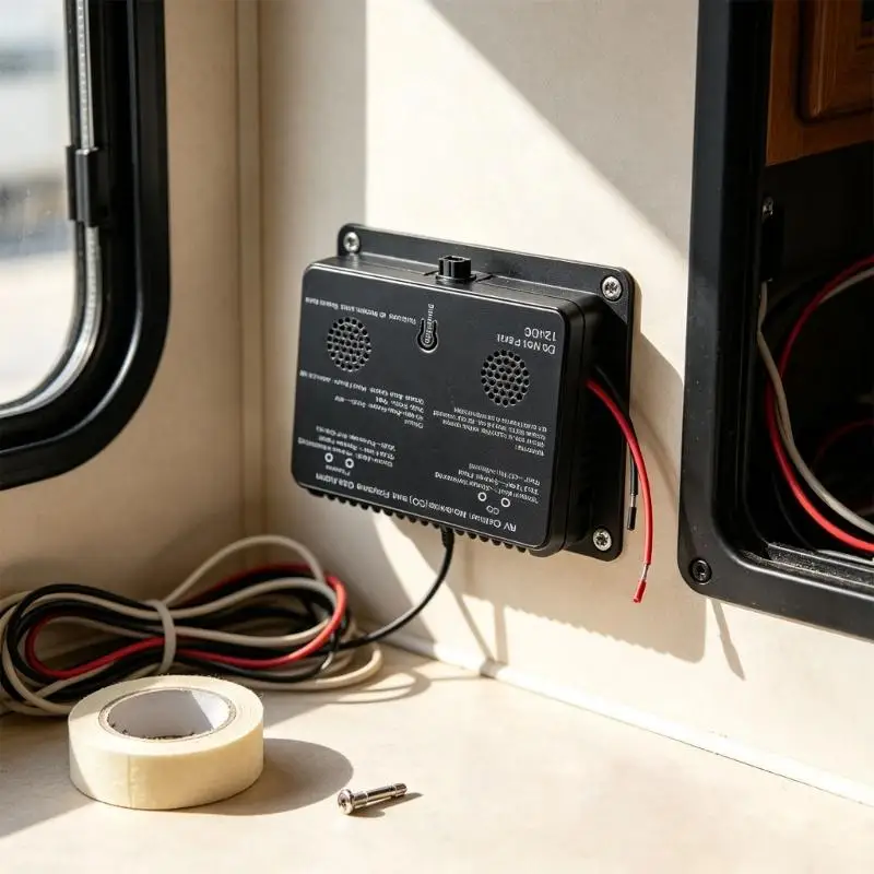 652F Metal Housing Gas Monitor for Motorhomes with Face-Mounted Test/Silence Control, 2 Side Openings, Red and Black Cables, and
