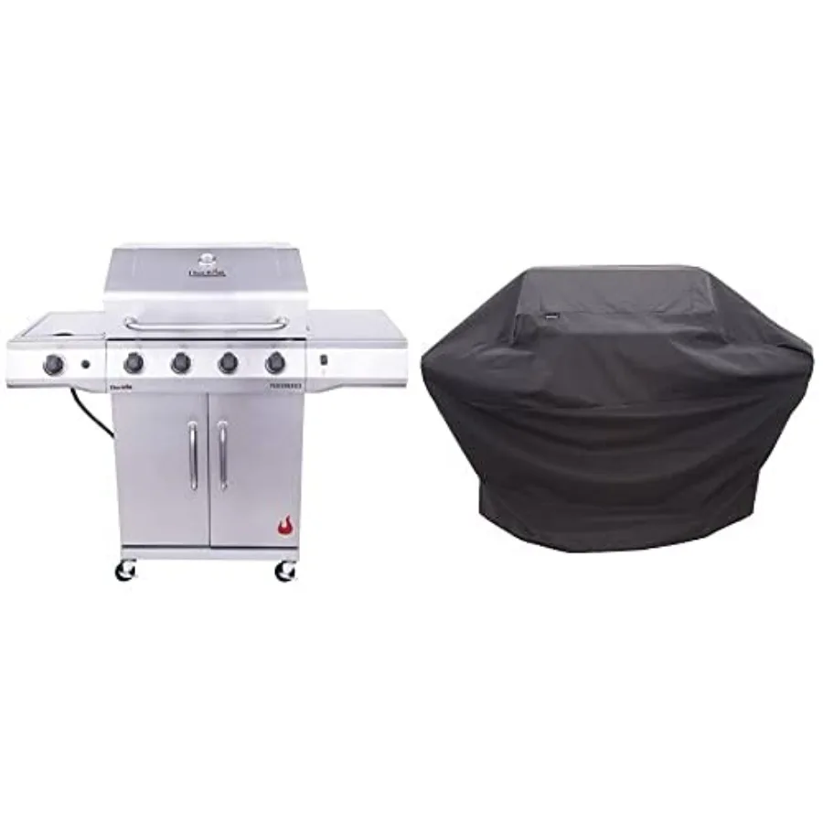 

4-Burner Cabinet Style Liquid Propane Gas Grill in Stainless Steel with Performance Grill Cover Large Size 3-4 Burner Black Fin
