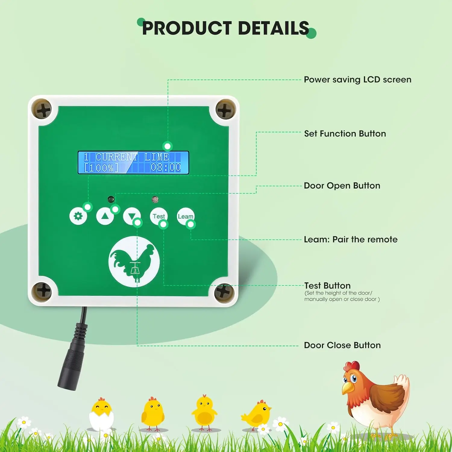 باب حظيرة الدجاج الأوتوماتيكي، فتاحة باب حظيرة الدجاج، توقيت ضوء الاستشعار اليدوي للتحكم عن بعد، 3 أوضاع إمداد الطاقة الشمسية