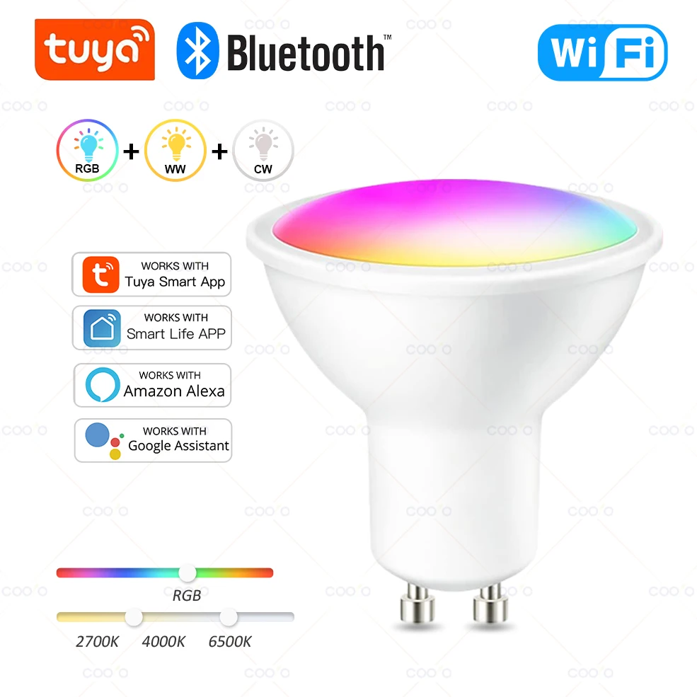 Tuya WiFi/Bluetooth GU10 Smart LED Light Bulb Dimmable Lamps Smart Life App Control Spotlight Bulbs Works with Alexa Google