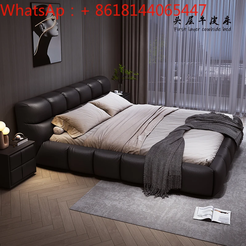 Italian minimalist first-layer cowhide puff leather bed Modern minimalist 2 villa queen bed Master bedroom double bed