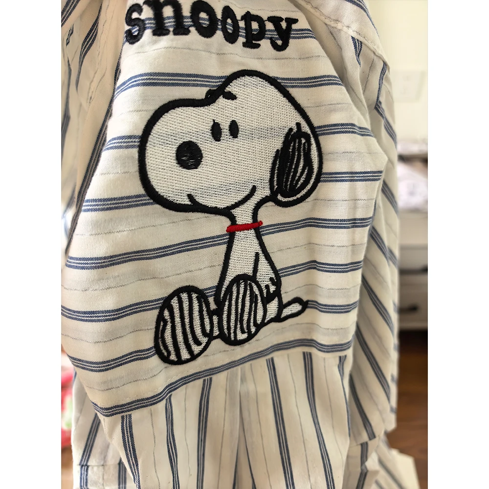 2026 New Snoopy Embroidery Striped Patchwork Shirts Women Long Sleeve Loose Blouse Kawaii Cartoon Casual Streetwear Female Tops