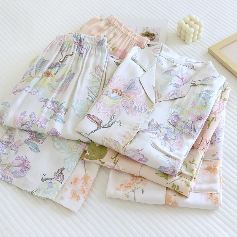 2023 New Pure Cotton Women's Pajama Autumn/Winter Women's Pajama Set Flower Sea Print Long sleeved pants 2 Piece Homewear