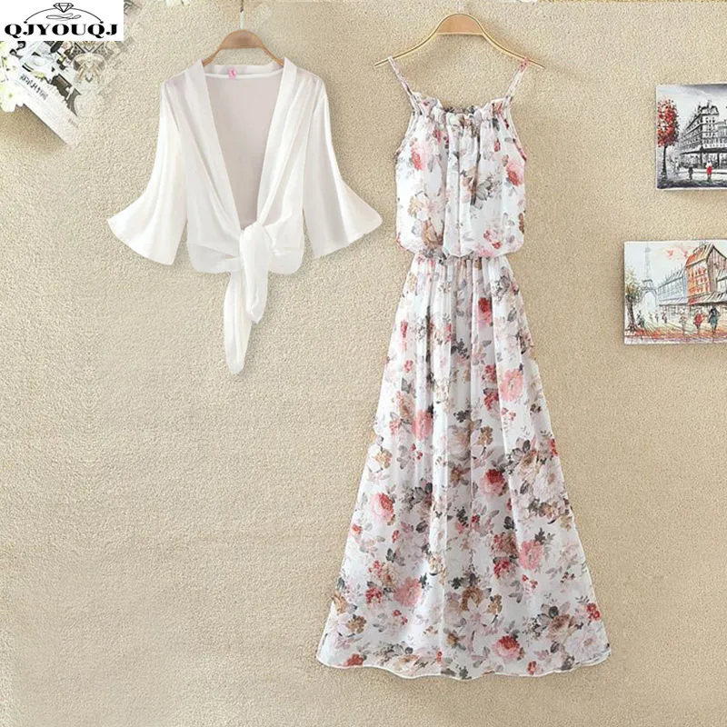 

Spring/Summer French New Chiffon Beach Skirt Loose Skirt Bohemian Floral Print Strap Dress Two-piece Set Trendy