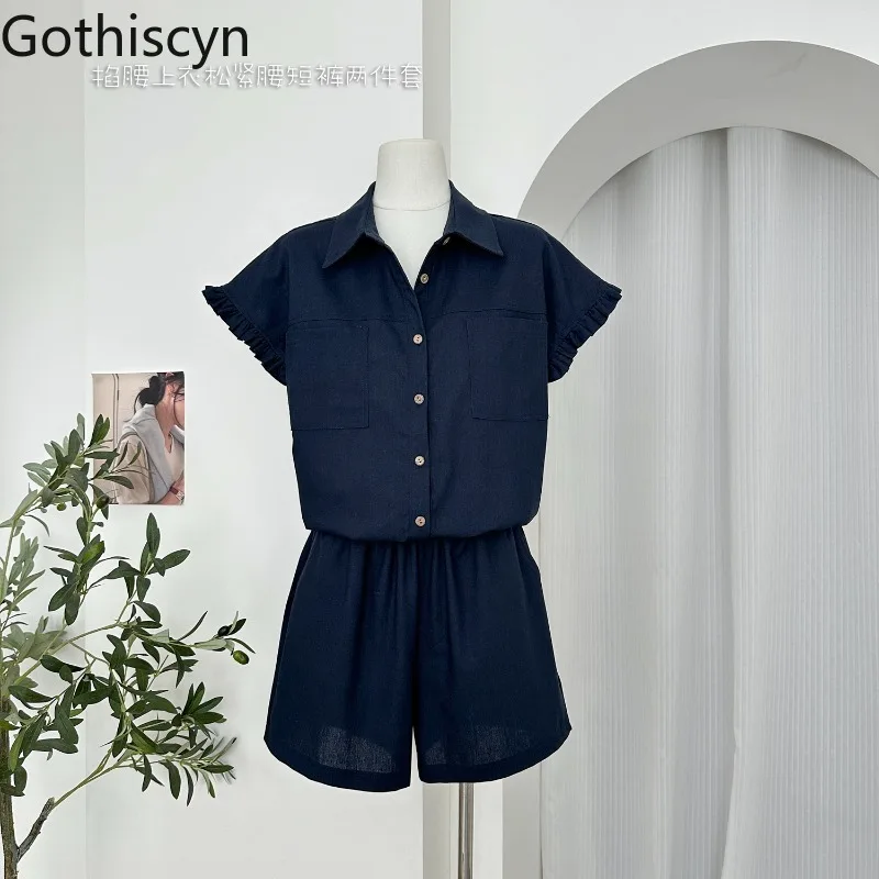 

Casual Set Women's Summer Turn-down Collar Short-sleeved Shirt Elastic Waist Shorts Two-piece Set Fashion Female Clothes