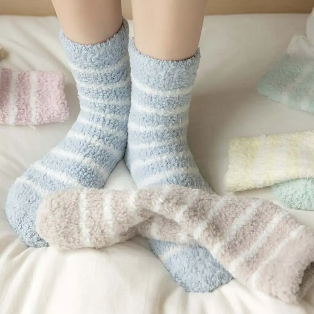 6Pairs الدافئة شريط المرجان جوارب صوف المرقعة أفخم رشاقته المخملية الجوارب لينة الدافئة النوم الجوارب النساء #4