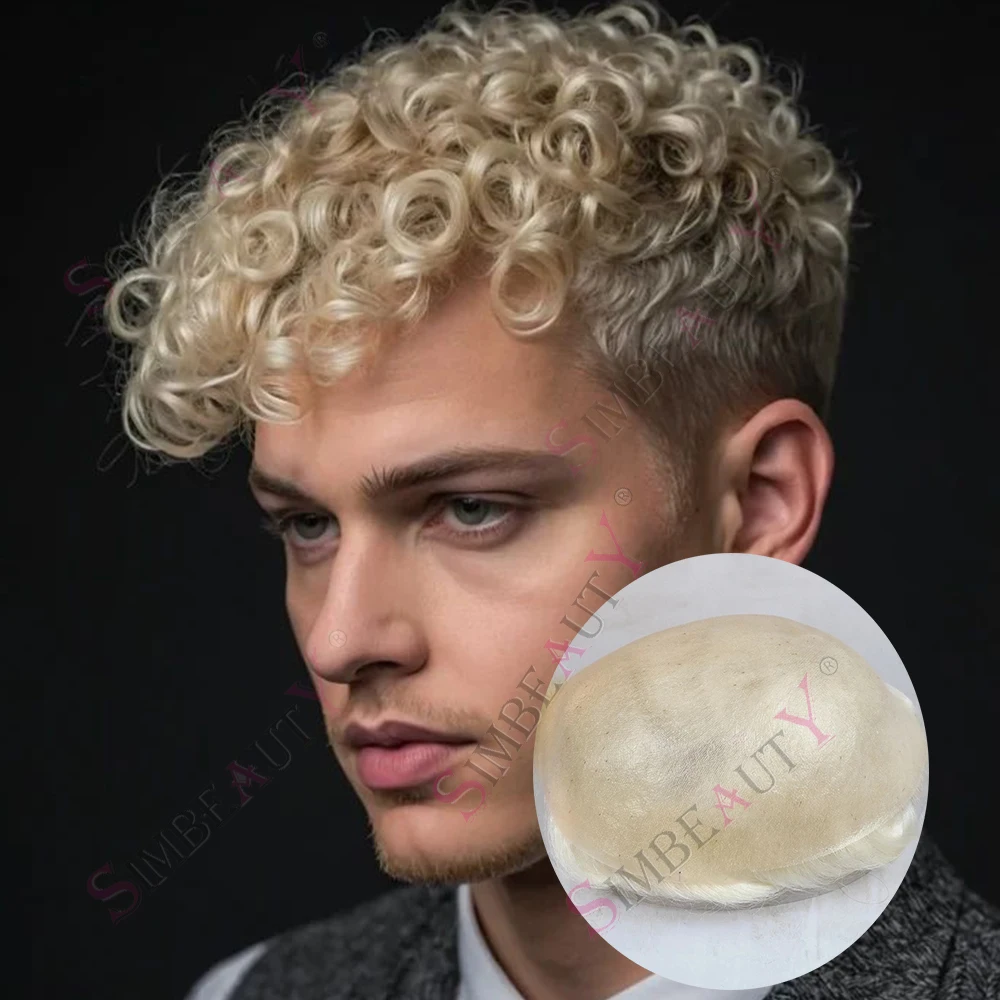Durable Thin Skin 0.06mm #17 Blonde Brown 18mm Curly Men Toupee Strong Man Wig Grey Human Hair Men's Capillary Prosthesis System
