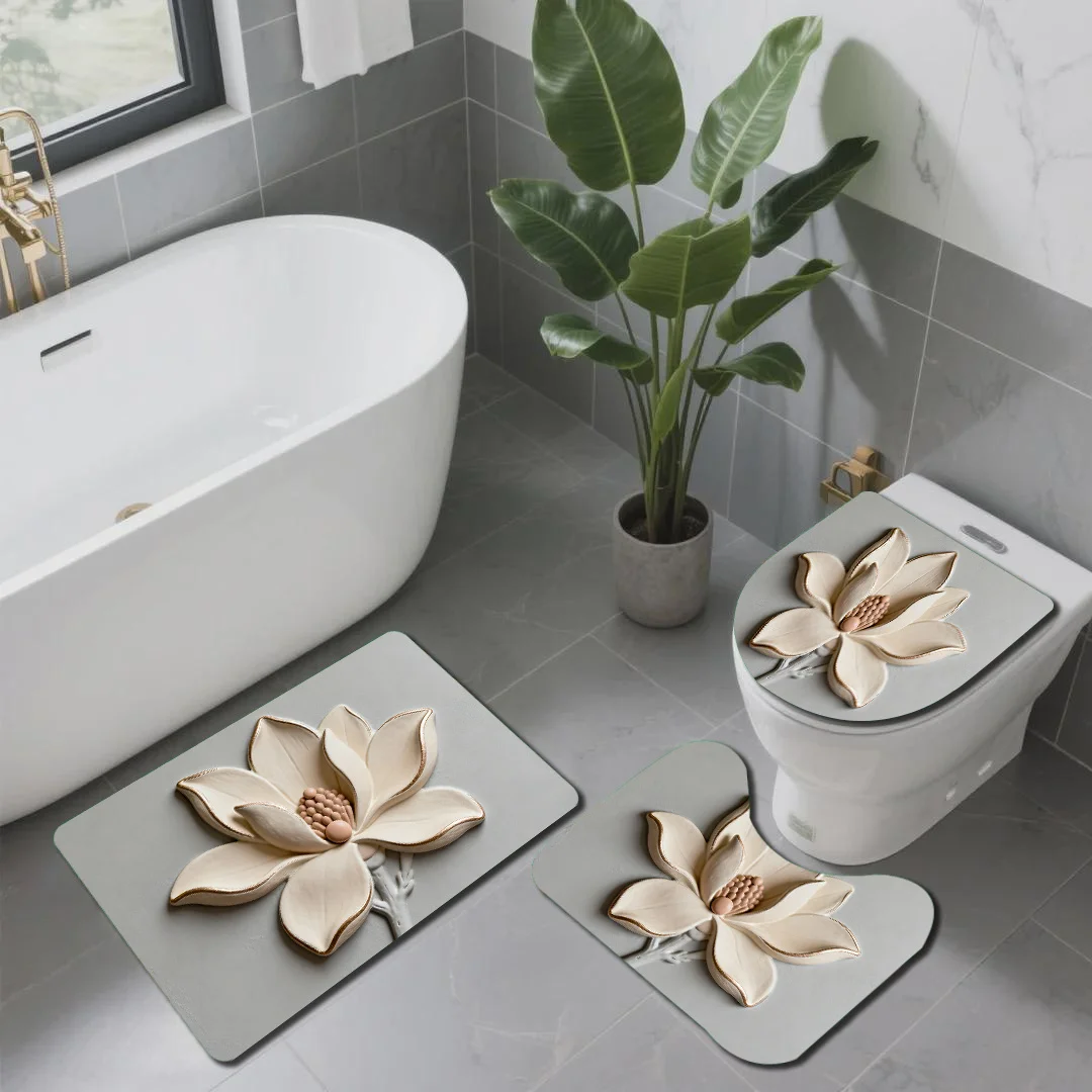 

Elegant Floral Peony Bathroom Mat Set Spa Home Decor Non-Slip Petal Bath Rug for Vanity Bathroom Accessories