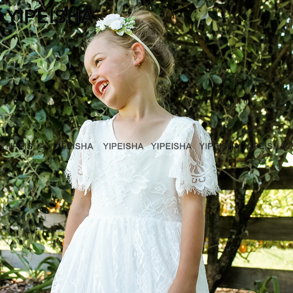 Yipeisha Juwel Spitze Blumen mädchen Kleid boden lange Kinder kurze Ärmel Erstkommunion Kleid A-Linie formelle Party für Kind