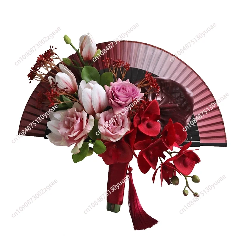 

folding fan new Chinese style hand-held simulation flower butterfly orchid qipao Xiuhe bride wedding photography