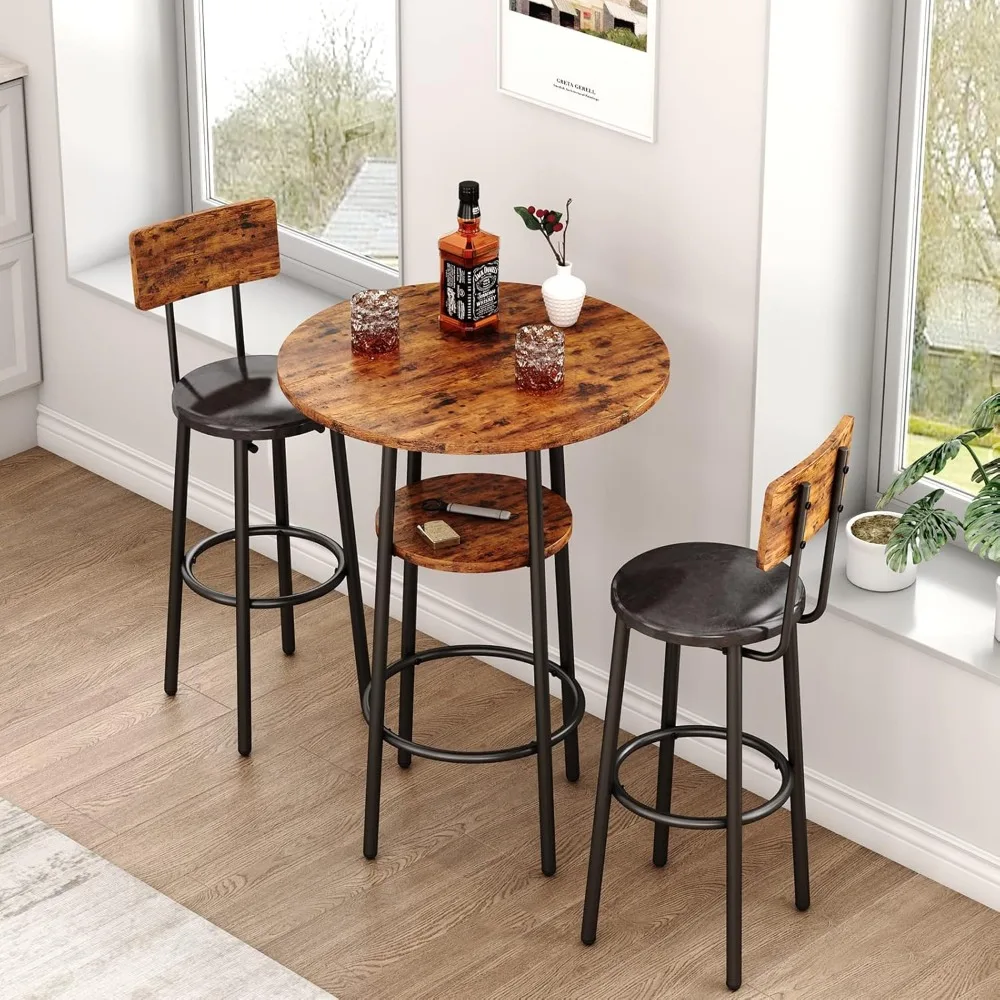 

3-Piece Bar Table Set for 2, Small 2-Tier Round Bistro Pub Dining Table & PU Upholstered Stools with Backrest, Counter Height T