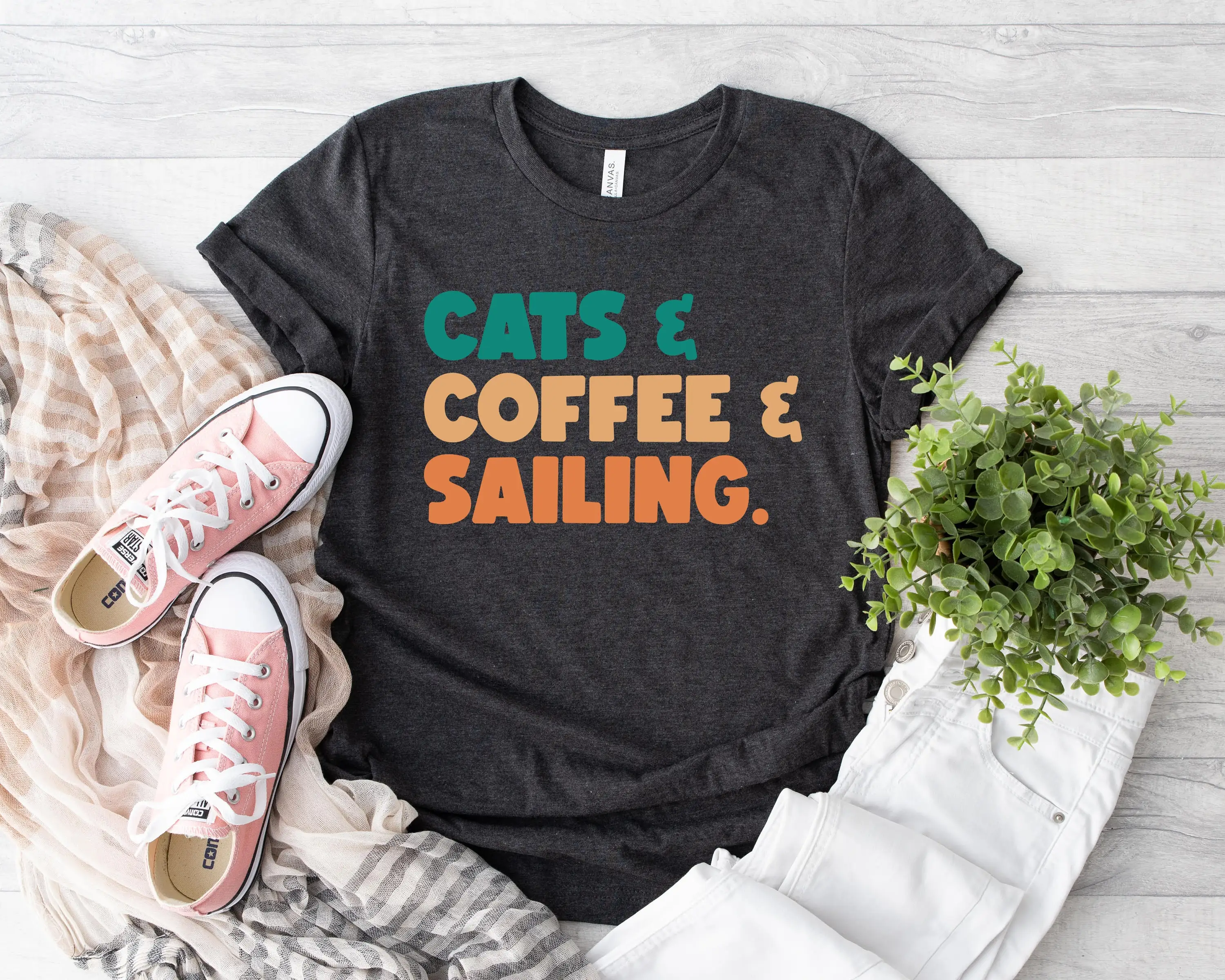 Cats And Coffee Sailing T Shirt Sail Boat Lover Funny Cool Boating