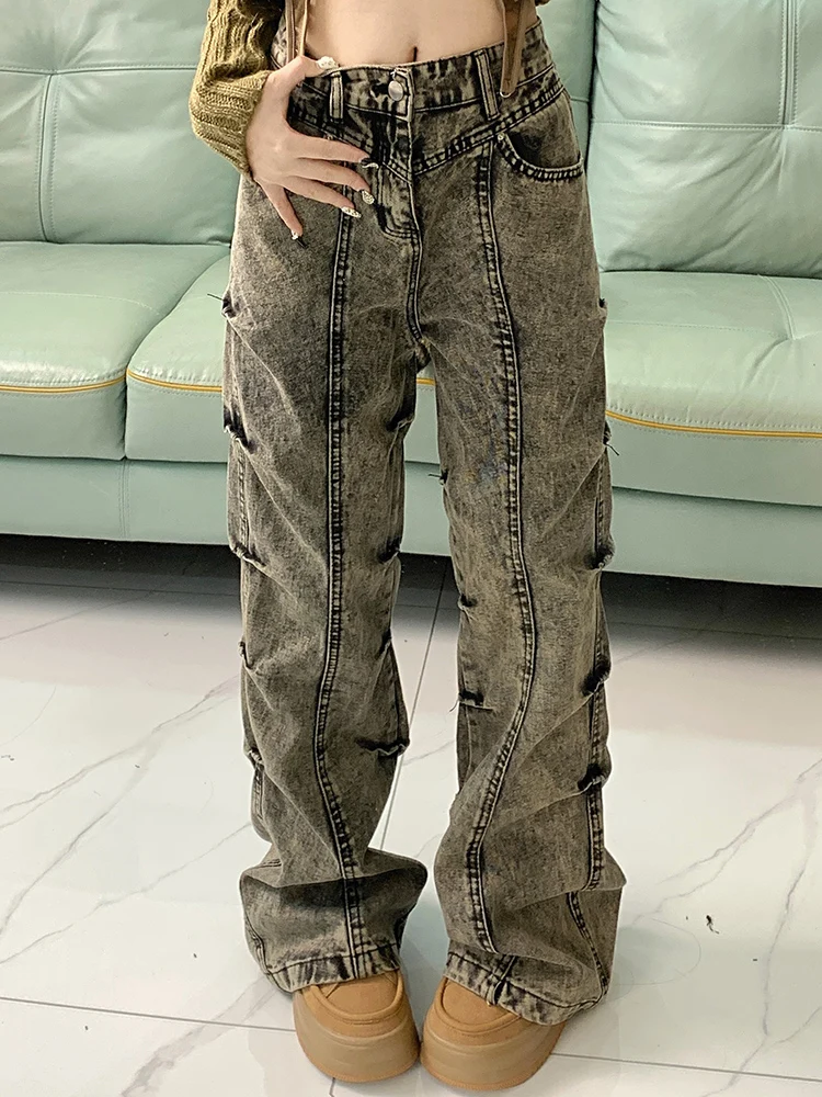 

Woman High Waist 90s Vintage Straight Leg Denim Stacked Pleated Pants Female Blue Washed Trashy Y2k 2000s Micro Flared Trousers