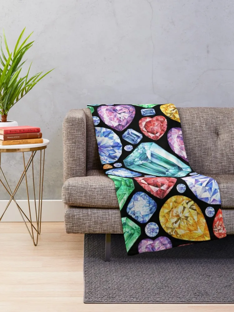 Colorful Gemstone Painting. Sparkling Gem Print on black Throw Blanket Personalized Gift Flannel Tourist Loose Blankets